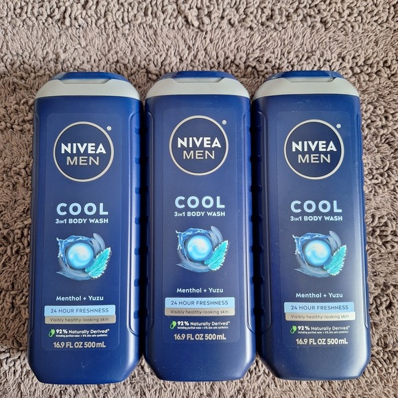 3 Pack Nivea for Men Cool 3 in 1 Body Hair & Face Wash Menthol 24 Hour Freshness - Picture 1 of 5